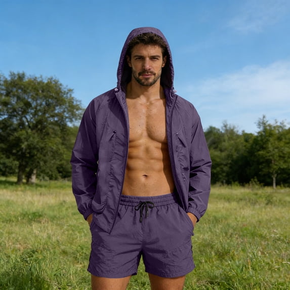 Yaoyar Mens Sun Protection Clothing Set Long-Sleeved Hooded Zipper Solid Color Coat Cardigan Jacket With Ice Silk Shorts