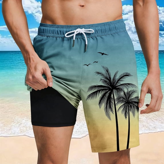 Yaoyar Mens Swim Trunks with Compression Liner Zipper Pocket Drawstring Quick Dry Stretch Lined Palm Tree Beach Pool