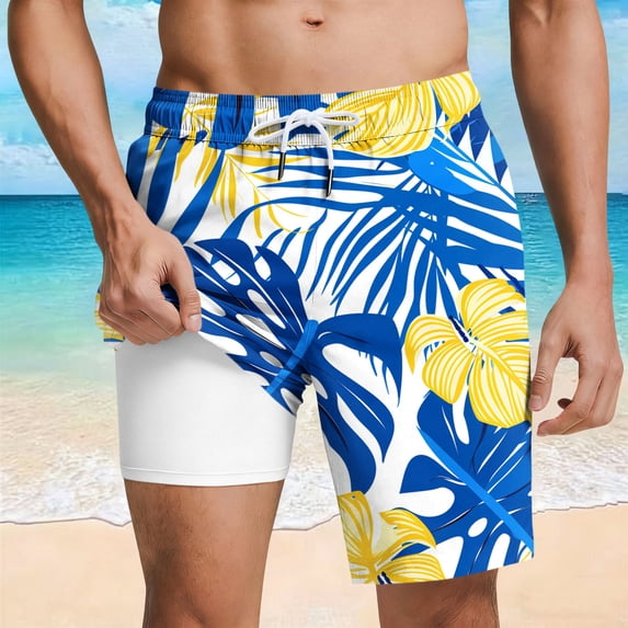 Yaoyar Mens Swim Trunks with Compression Summer Liner 2 in 1 Board Shorts Quick Dry Swimming Trunks with Pockets