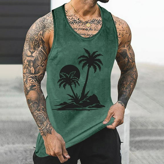 Yaoyar Mens Tank Top Beach Summer Graphic Hawaii All Over Print Vacation T Shirt Sleeveless Print Sport Round-Neck Tank Top