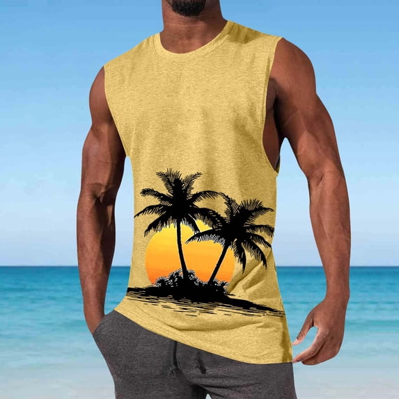 Yaoyar Mens Tank Tops Casual Summer Beach Vacation Hawaiian Graphic Muscle Gym Palm Tree Sleeveless Tee Shirts