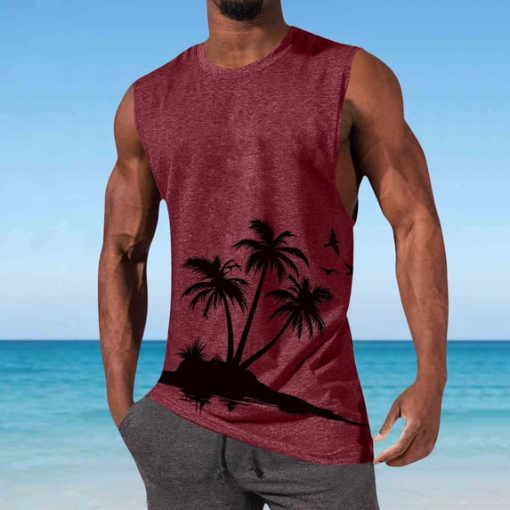 Yaoyar Mens Tank Tops Casual Summer Beach Vacation Hawaiian Graphic Muscle Gym Palm Tree Sleeveless Tee Shirts
