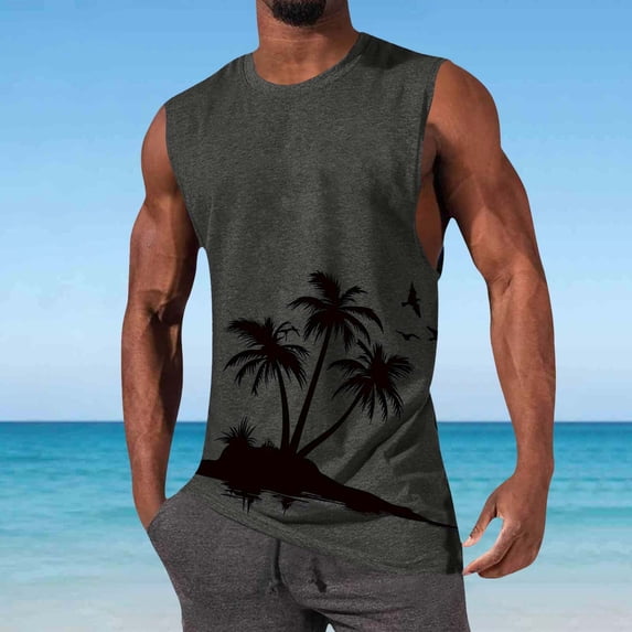 Yaoyar Mens Tank Tops Casual Summer Beach Vacation Hawaiian Graphic Muscle Gym Palm Tree Sleeveless Tee Shirts