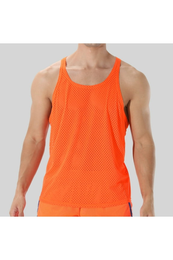 Mens Tank Tops Gym Muscle Shirts Round-neck Solid Color Mesh Bodybuilding Sleeveless T-Shirt Y-Back Workout Sports Fitness
