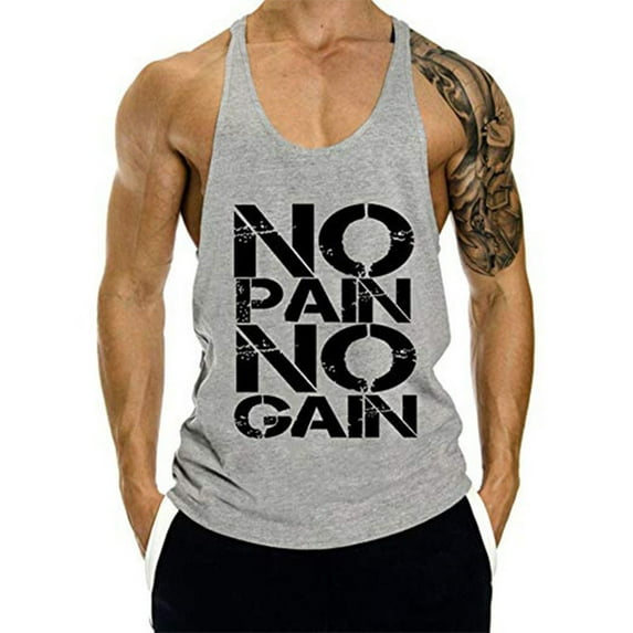 Yaoyar Mens Training Sleeveless Tees Solid Color NOPAIN Printed Racerback Thin Strap V Neck Fitness Gym Workout Athletic Activewear Sports Casual Muscle Fitness Tank Top,Gray,2XL