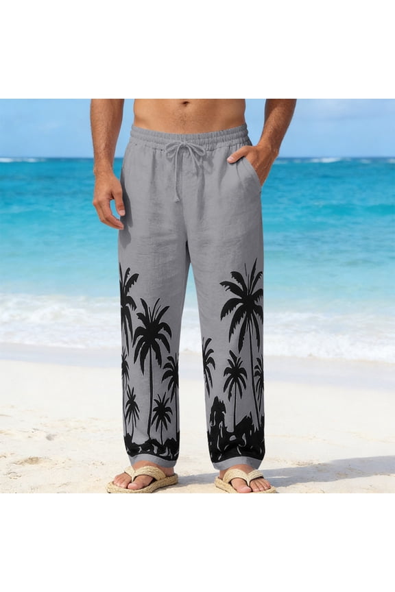 Mens Tropical Floral Print Linen Beach Pants Elastic Drawstring Waist Straight Leg Casual Resort Wear Linen Trousers