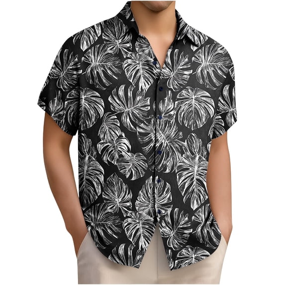 Yaoyar Mens Tropical Print Shirt Short Sleeve Exotic Leaf Pattern Lightweight Camp Collar Loose Fit Vacation Style Short Sleeve Button-Up