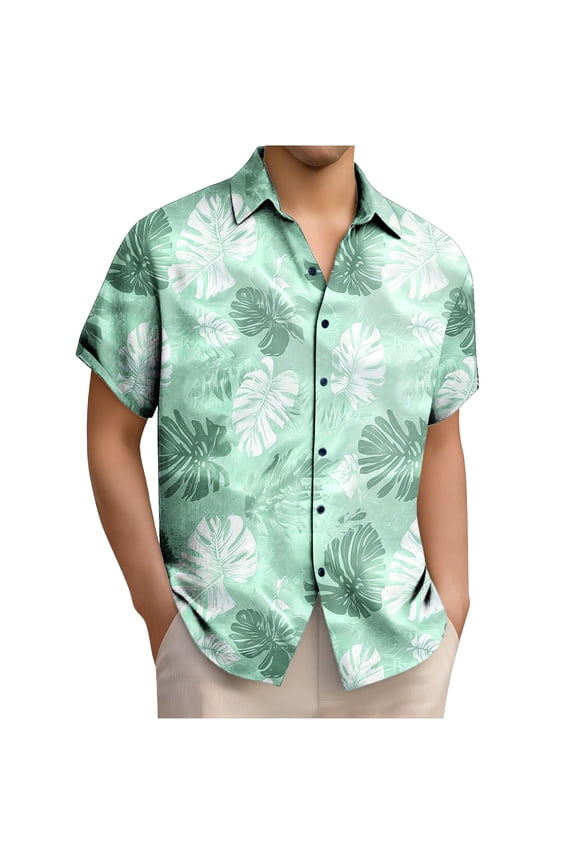 Mens Tropical Print Shirt Short Sleeve Exotic Leaf Pattern Lightweight Camp Collar Loose Fit Vacation Style Short Sleeve Button-Up