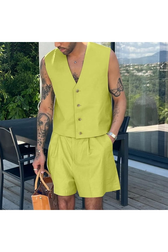 Mens V-Neck Sleeveless Casual Vest with High Waist Wide Leg Shorts Matching Two Piece Set Coordinated Outfit Complete Ensemble