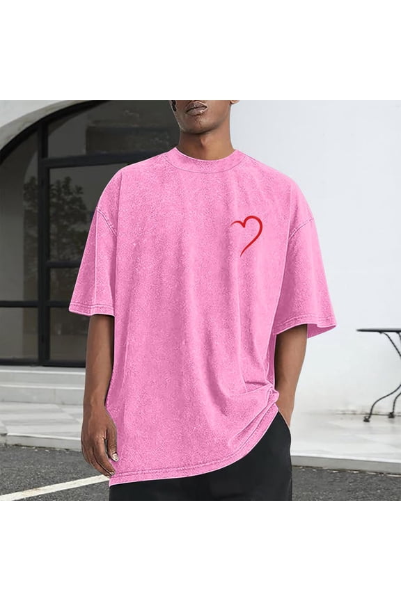 Mens Valentine Print Washed Casual Sports Short Sleeve Tee Distressed Retro Graphic Design Round Neck T-Shirt