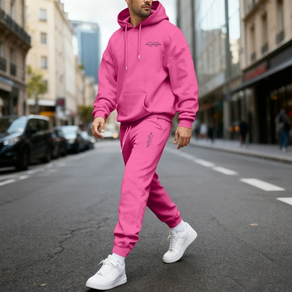 Yaoyar Mens Valentine's Day Love Print Hooded Pullover With Pockets Long Sleeves Elastic Waist Pockets Trousers Two-Piece Sports Suit