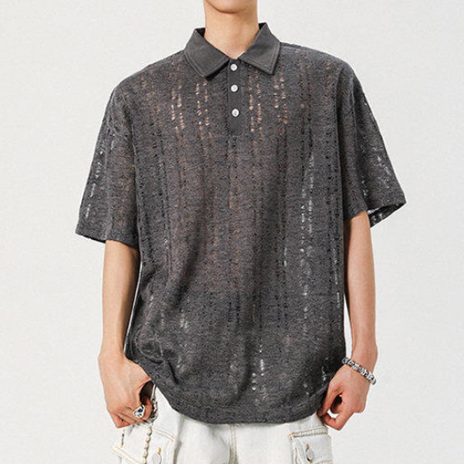 Yaoyar Mens Vintage Distressed Sexy Button Short Sleeve Turn Down