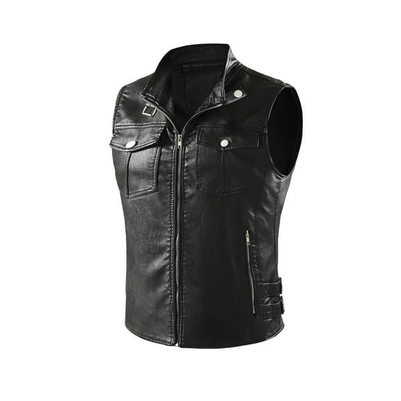 Yaoyar Mens Winter Leather Biker Zipper Vest Motorcycle Pockets Sleeveless Motorwear Faux Leather Outwear Jackets Black L
