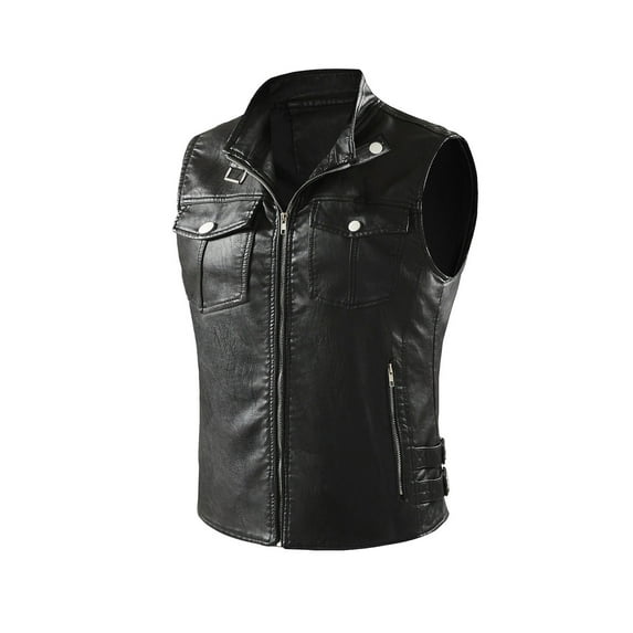 Yaoyar Mens Winter Leather Biker Zipper Vest Motorcycle Pockets Sleeveless Motorwear Faux Leather Outwear Jackets Black S