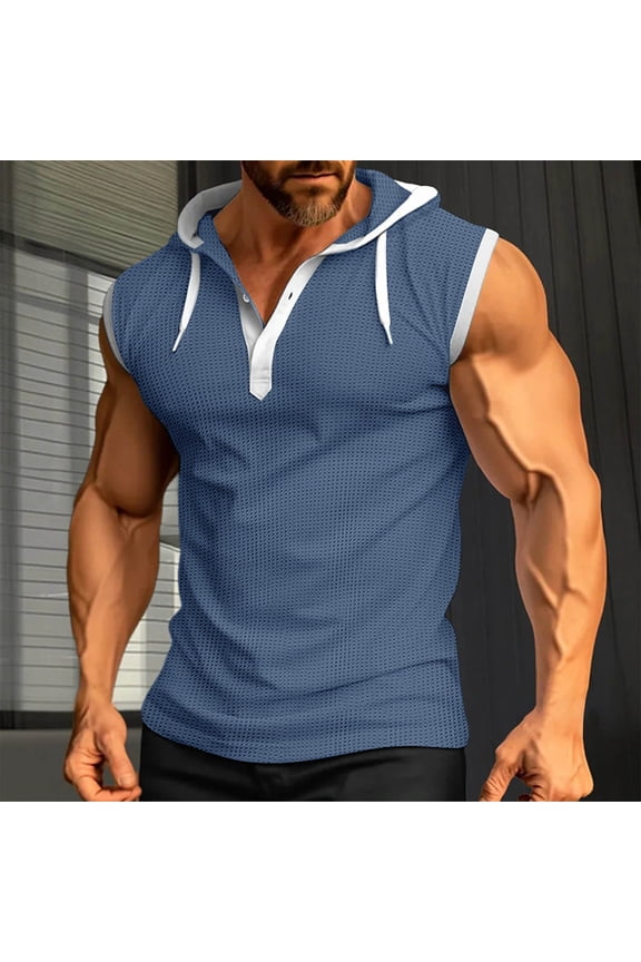 Mens Workout Hooded Tank Tops Crew Neck Pullover Button Fitness Patch Color Sleeveless Hooded Gym Hoodies Bodybuilding Muscle Cut Off T-Shirts