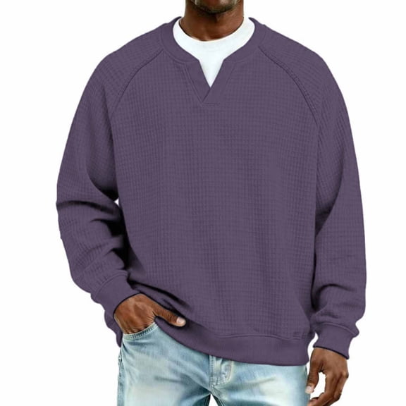 Yaoyar Mens fashionable and casual solid color breathable long-sleeved V-neck waffle raglan sweatshirt top