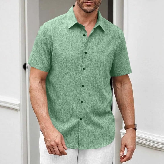 Yaoyar Mens solid color cotton and linen casual loose fashion breathable button short-sleeved lapel top shirt