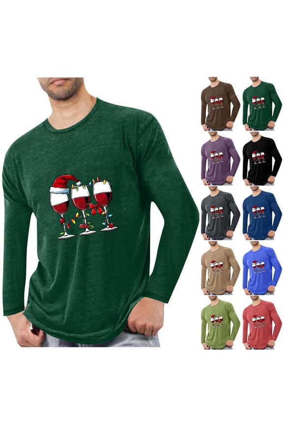 Merry Christmas Mens Tops Long Sleeve Xmas Santa Dwarfs Print Shirt Crew Neck Cute Graphic Pajamas Lounge Wear