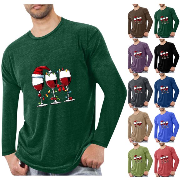 Yaoyar Merry Christmas Mens Tops Long Sleeve Xmas Santa Dwarfs Print Shirt Crew Neck Cute Graphic Pajamas Lounge Wear