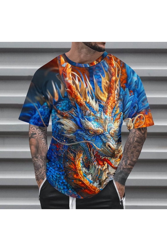 Patriot Summer Fashion Casual Men's Round Neck dragon Printed T-shirt Top Multicolor,3XL