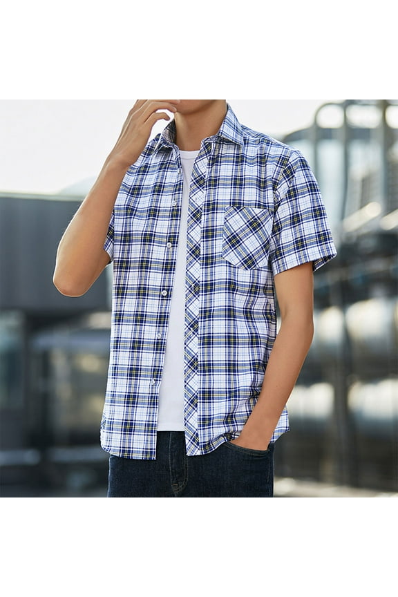 Plaid Shirts for Men Short Sleeve Button Down Shirt Casual Formal Business Gingham Shirts with Pocket Regular Fit