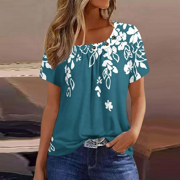 Yaoyar Pleated Tops for Women Button Square Neck Casual T-Shirts Short Sleeve Floral Print Boho Blouse Ladies