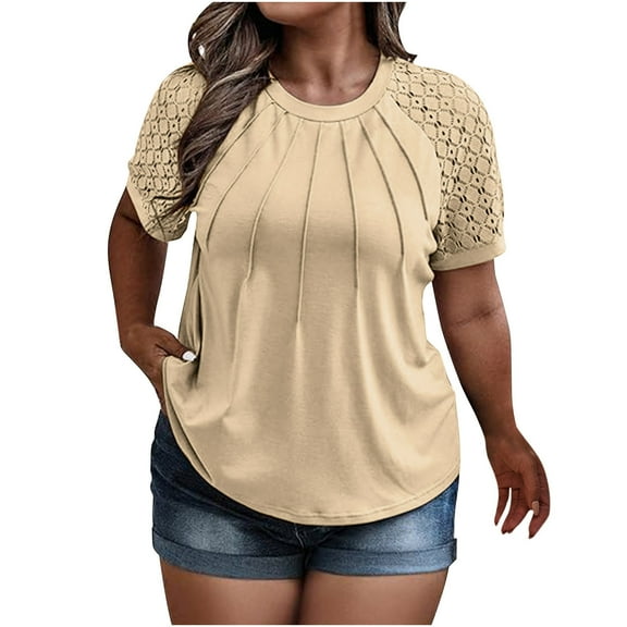 Yaoyar Plus-Size Tops for Women Summer Lace Short Sleeve Shirts Crewneck Tees Loose Cotton Shirt