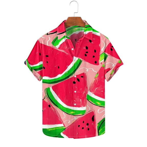 Yaoyar Print Men'S Shirts Casual Short Sleeve Button Down Beach Tropical Shirts Stylish Summer Watermelon Red,2XL