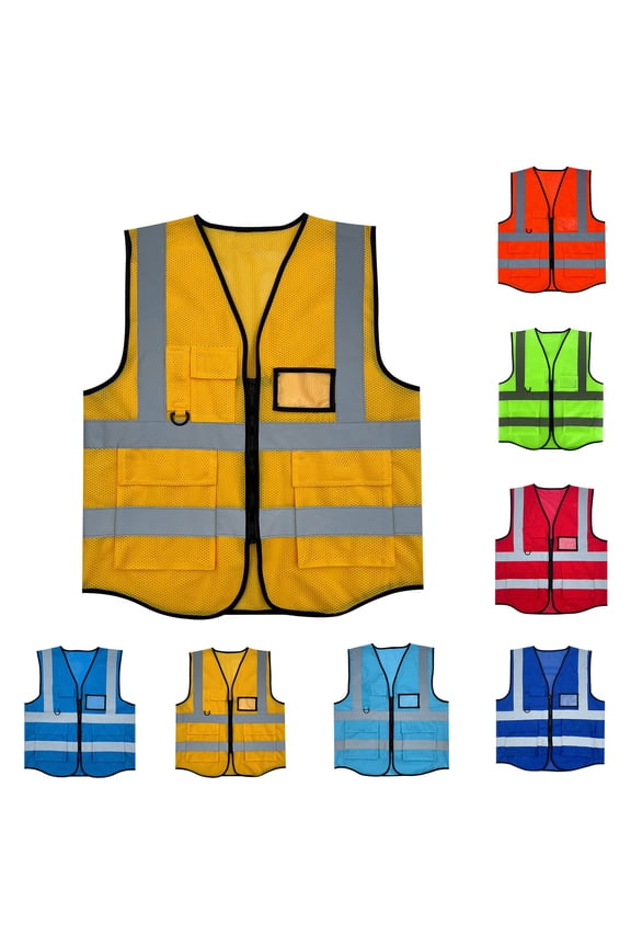 Reflective Safety Vest for Men Zippered Pocket Mesh Design Construction Work Traffic Protective Outerwear Sleeveless Hood-Free Cargo Jacket Versatile Vests