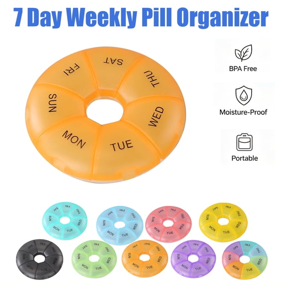 Yaoyar Round Portable Pill Box Medicine Planner Small Case (7 Day Weekly Travel Container) Medication, Vitamin Holder Boxes Organizer Pillbox Dispenser Organizer, Daily Sorter & Reminder Containers