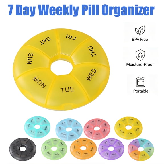 Yaoyar Round Portable Pill Box Medicine Planner Small Case (7 Day Weekly Travel Container) Medication, Vitamin Holder Boxes Organizer Pillbox Dispenser Organizer, Daily Sorter & Reminder Containers