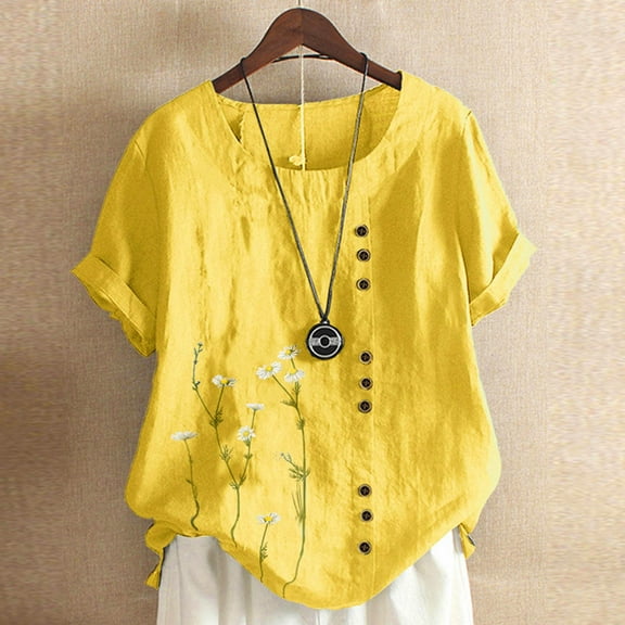 Yaoyar Short Sleeve 2024 Summer Blouses Round Neck Boho Blouse Button Down T Shirt Floral Print Top