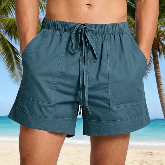 Yaoyar Shorts for Men Trendy Summer 2026 Casual Beach Cotton Linen Drawstring Elastic Waist Plus Size Shorts Pockets