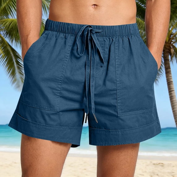 Yaoyar Shorts for Men Trendy Summer 2026 Casual Beach Cotton Linen Drawstring Elastic Waist Plus Size Shorts Pockets
