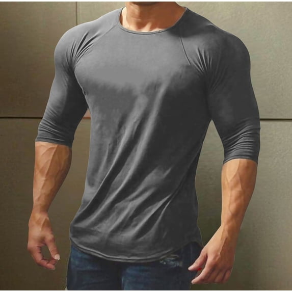 Yaoyar Solid Color Athletic Long Sleeve Top for Men, Raglan Sleeve Tee with U Hem Design, Comfortable Casual Wear Pullover Shirt