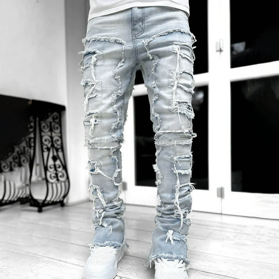 Yaoyar Stacked Jeans Men Skinny Ripped Jeans Slim Fit Denim Pants Y3K Trouser Fashion Design