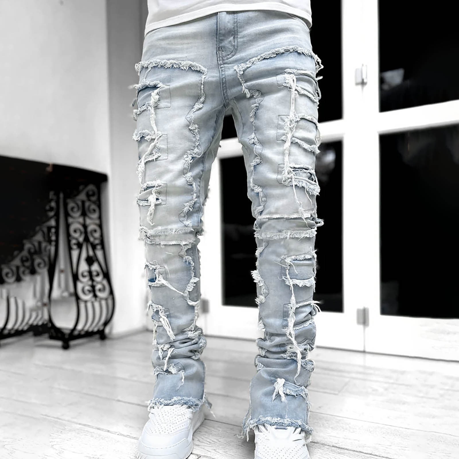 Yaoyar Stacked Jeans Men Skinny Ripped Jeans Slim Fit Denim