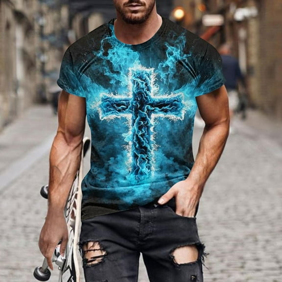 Yaoyar Summer Casual 3D Cross Tshirt Men's Printed T-Shirt Short Sleeve Streetwear Style Male Clothes Sky Blue,M