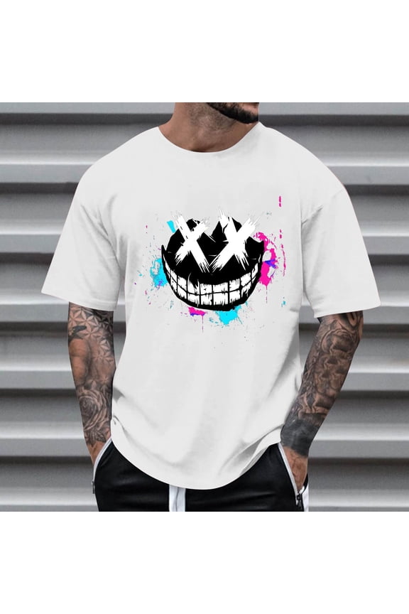Summer Fashion Casual Men's Round Neck Graffiti Expression Pattern Printed T-shirt Top White,2XL