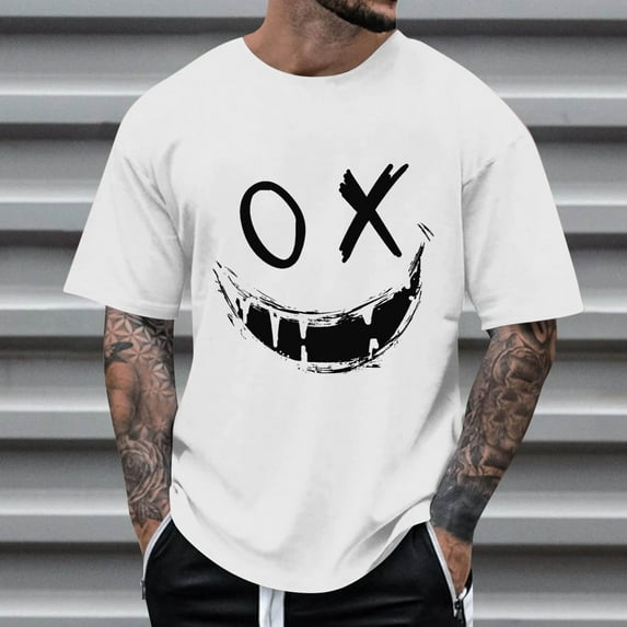 Yaoyar Summer Fashion Casual Men's Round Neck Graffiti Expression Pattern Printed T-shirt Top White,L