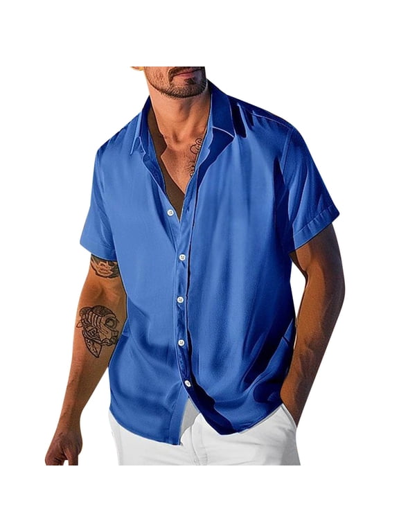 Summer Men's Satin Finish Short Sleeve Stand Collar Button Down Casual Shirt, Office Short Sleeved Lapel Top, Smart Style Tee