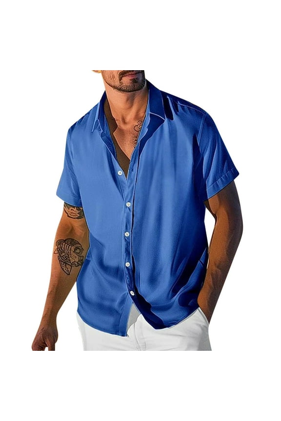 Summer Men's Satin Finish Short Sleeve Stand Collar Button Down Casual Shirt, Office Short Sleeved Lapel Top, Smart Style Tee