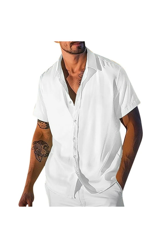 Summer Men's Satin Finish Short Sleeve Stand Collar Button Down Casual Shirt, Office Short Sleeved Lapel Top, Smart Style Tee