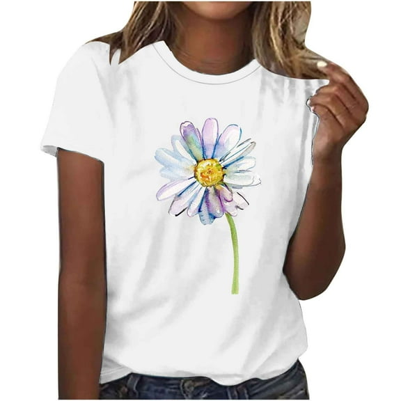 Yaoyar Summer Tops Women Cute Flower Print T-Shirt Short Sleeved Casual T Shirt Crewneck Loose Fit Tee Summer Graphic Tops