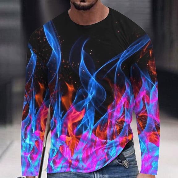 Yaoyar T-Shirts for Men's Fashion Long Sleeve 3D Flame Printed Round Neck Casual Loose Sports Fitness Pullover Tee Shirts Blouses Tops,Black,2XL