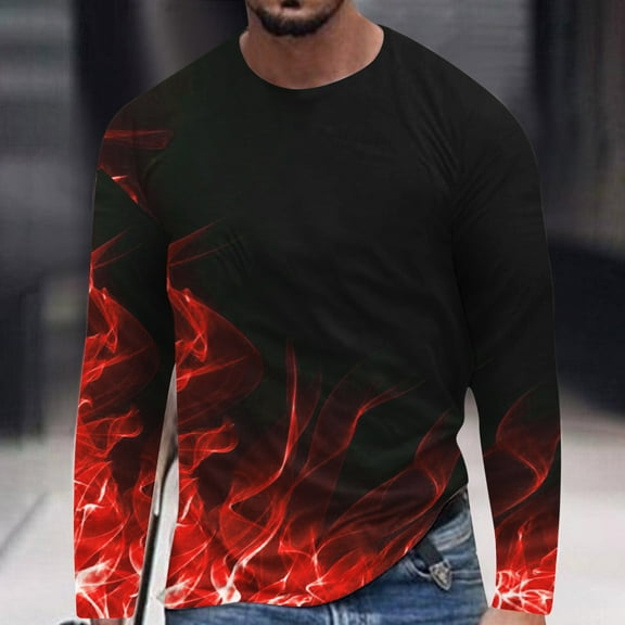 Yaoyar T-Shirts for Men's Fashion Long Sleeve 3D Flame Printed Round Neck Casual Loose Sports Fitness Pullover Tee Shirts Blouses Tops,Navy,M