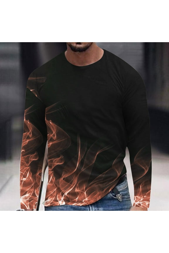T-Shirts for Men's Fashion Long Sleeve 3D Flame Printed Round Neck Casual Loose Sports Fitness Pullover Tee Shirts Blouses Tops,White,4XL