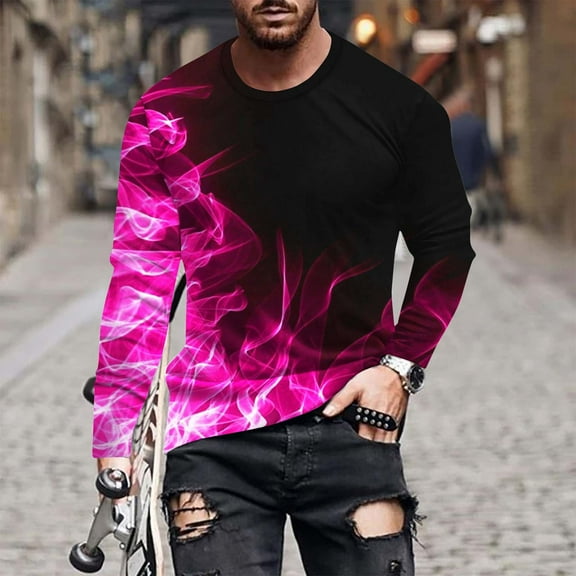 Yaoyar T-Shirts for Men's Long Sleeves 3D Flame Print Round-Neck Sport Casual Pullover Tee Shirts Sports Fashion Blouses Tops,Pink,L