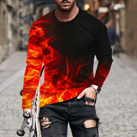 Yaoyar T-Shirts for Men's Long Sleeves 3D Flame Print Round-Neck Sport Casual Pullover Tee Shirts Sports Fashion Blouses Tops,Red,L
