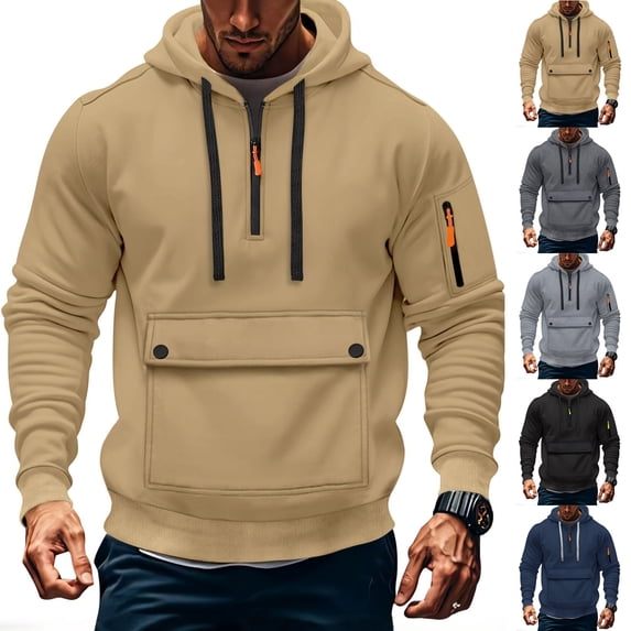 Yaoyar Tactical Hoodies for Men Quarter Zip Up Fleece Pullover Sweatshirt Loose Fit Workout Cargo Hoodie with Zip Pockets